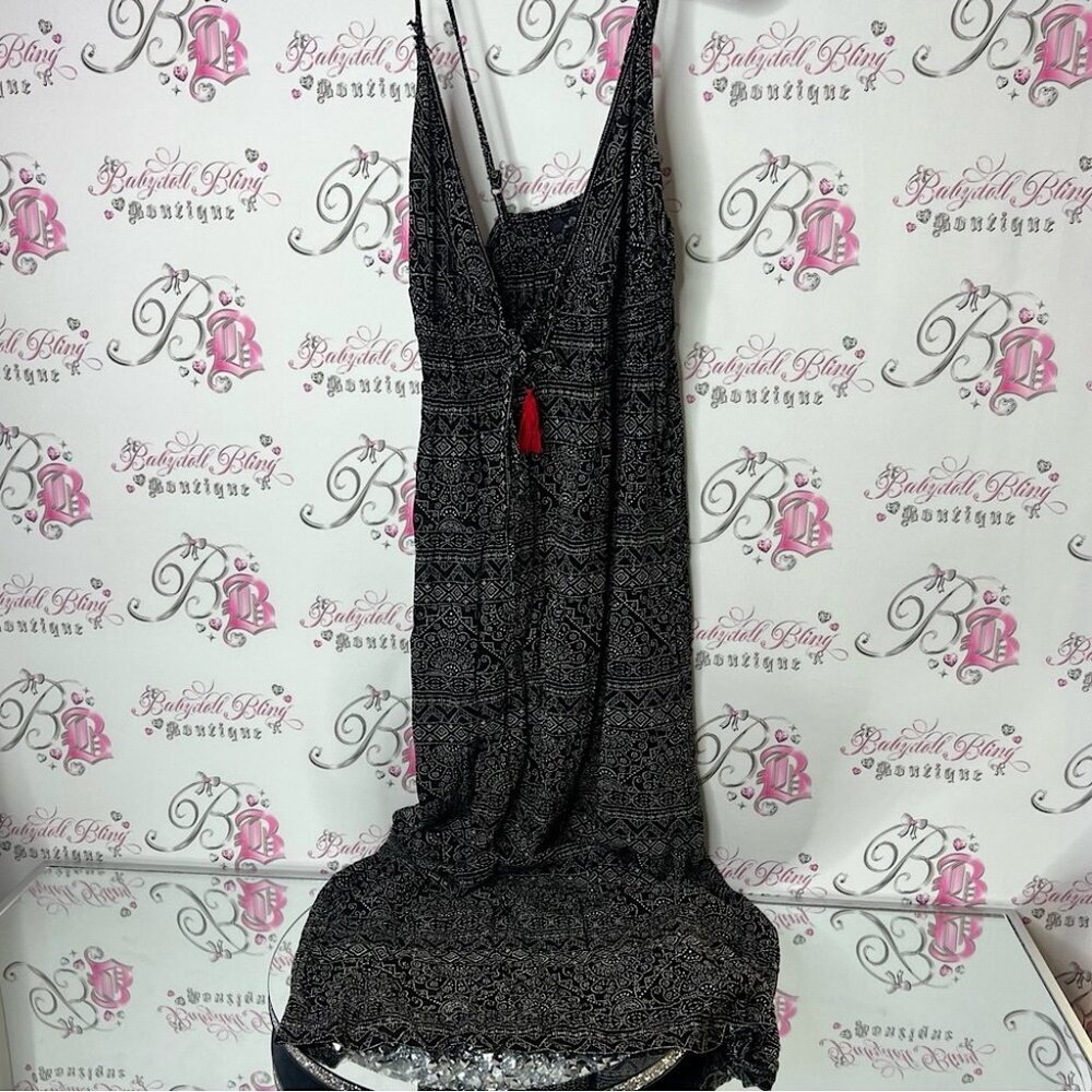 Angie dress long maxi boho smocked back Black and White Floral Dress tassle